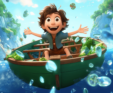 The boy in the green boat celebrating